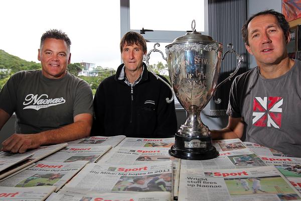 Three previous holders of the Hutt City Sportperson of the Year trophy, from left Mark Sorenson, Ewen Chatfield, and Peter Miskimmon. Photo by Dean Pemberton